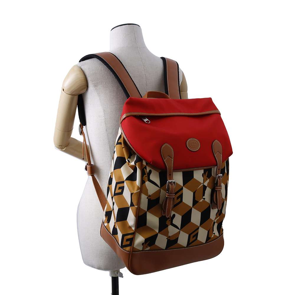 GUCCI Square G Rabbit Backpack Red/Beige/Brown 696013 Leather Nylon