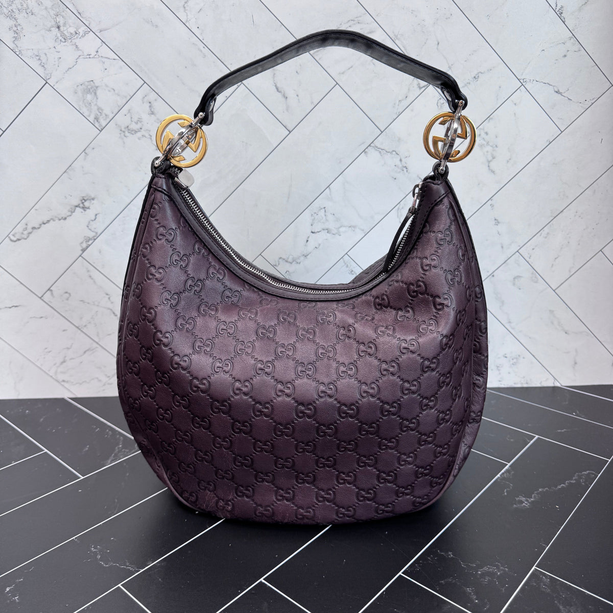 Gucci Maroon GG Leather Shoulder Hobo Bag