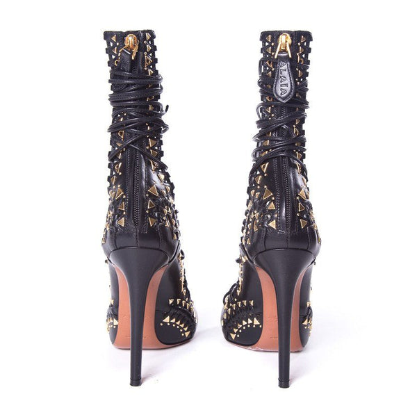 Alaïa Black Leather & Gold Studded Peep-Toe Lace Up Heels SZ 37