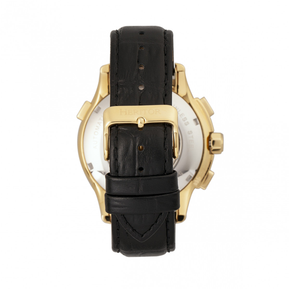 Heritor Automatic Hudson Semi-Skeleton Leather-Band Watch w/Day/Date - Black/Gold