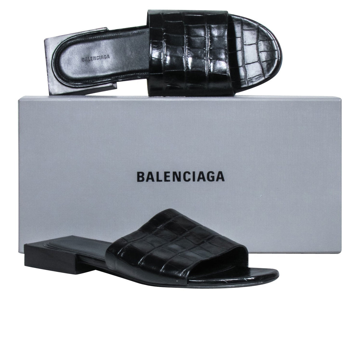 balenciaga - Black Croc Embossed Slide Sandals Sz 7.5