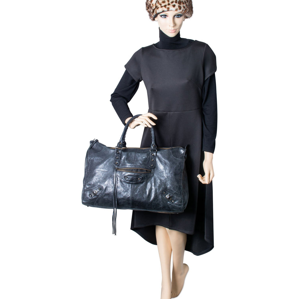 balenciaga Distressed Leather Classic Hardware City Duffle Bag Black