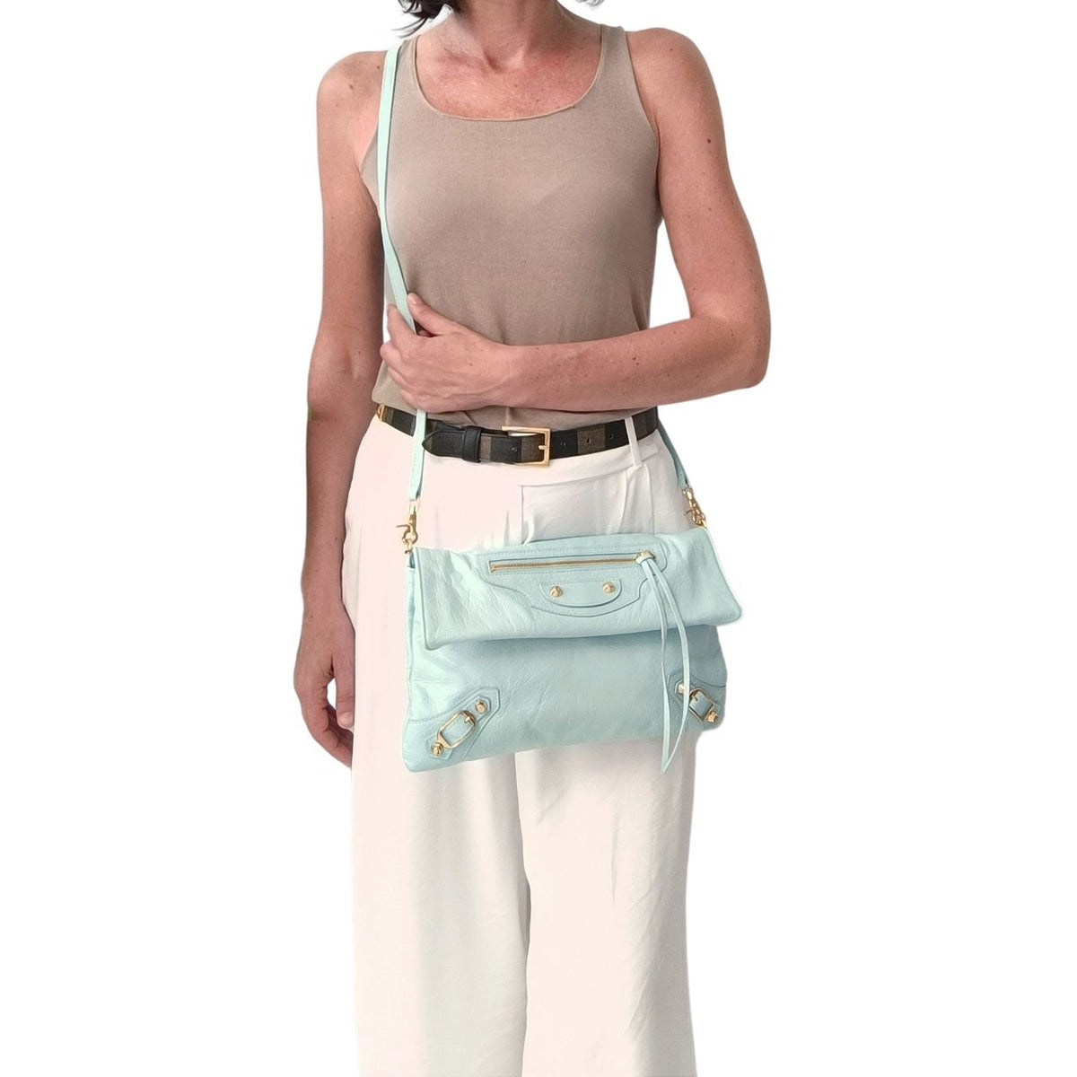balenciaga Giant Clutch with shoulder strap in aqua green leather