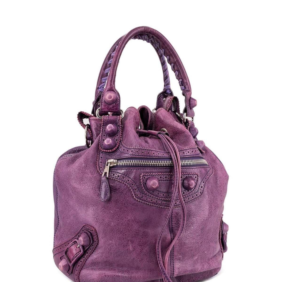 balenciaga Leather Large Pompon Bucket Bag Purple