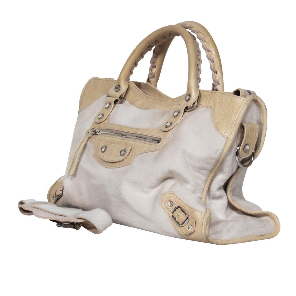 balenciaga - White & Cream Calf Hair Convertible Satchel