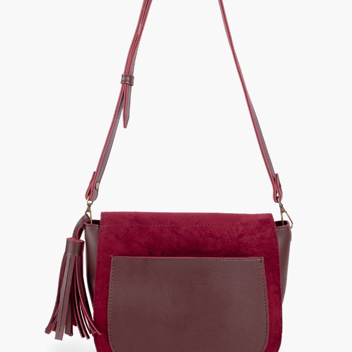 Burgundy suede foldover saddle bag