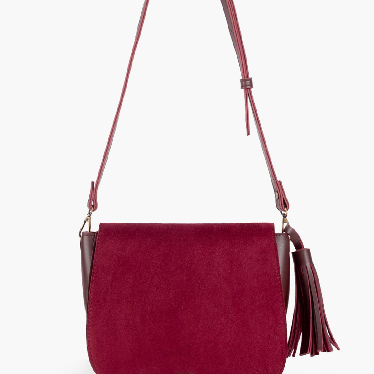 Burgundy suede foldover saddle bag