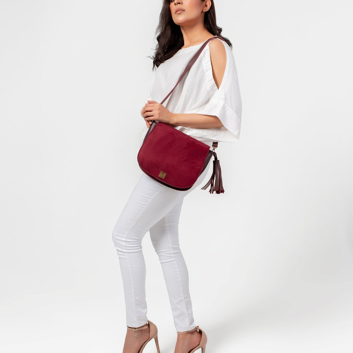 Burgundy suede foldover saddle bag