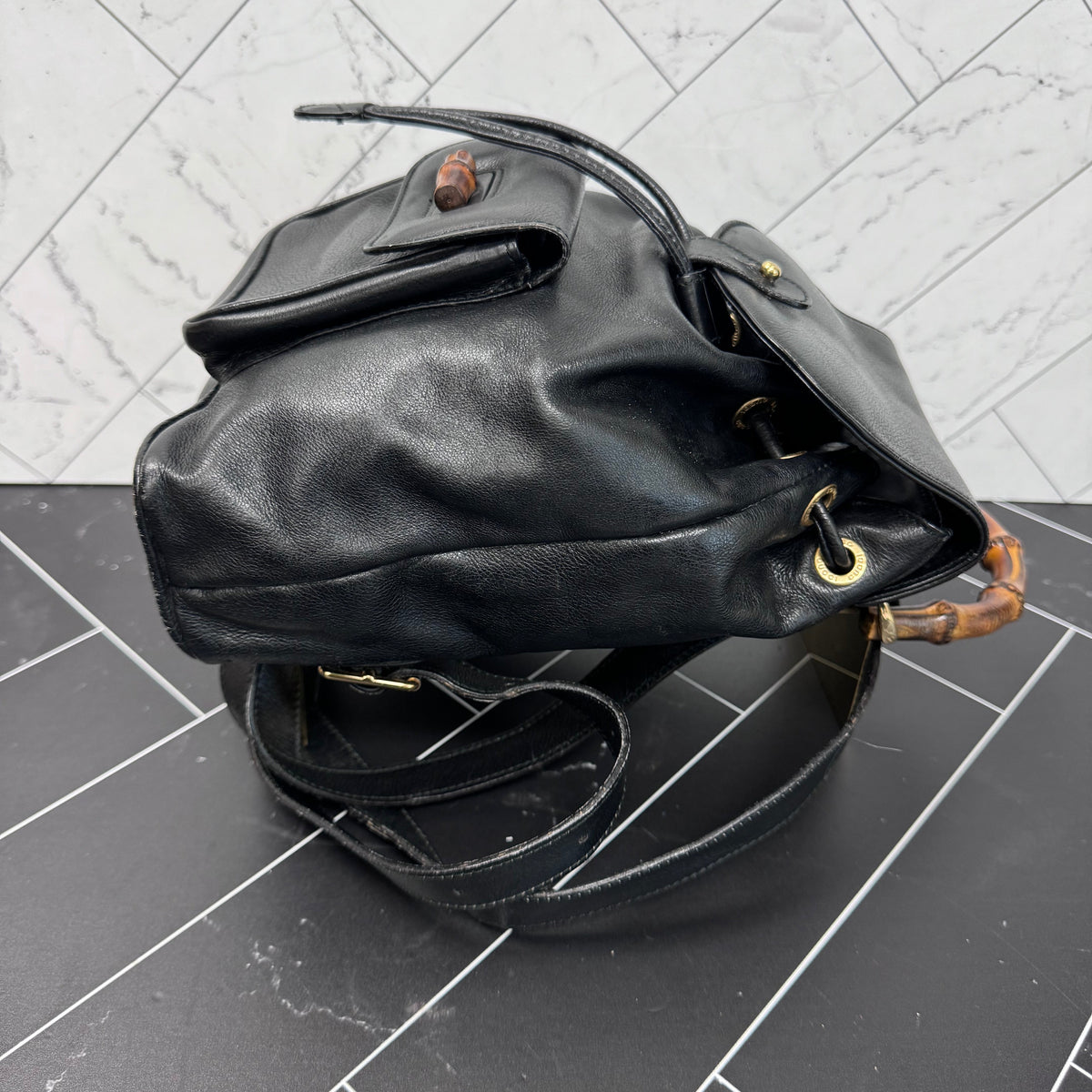 Gucci Black Leather Bamboo Small Backpack