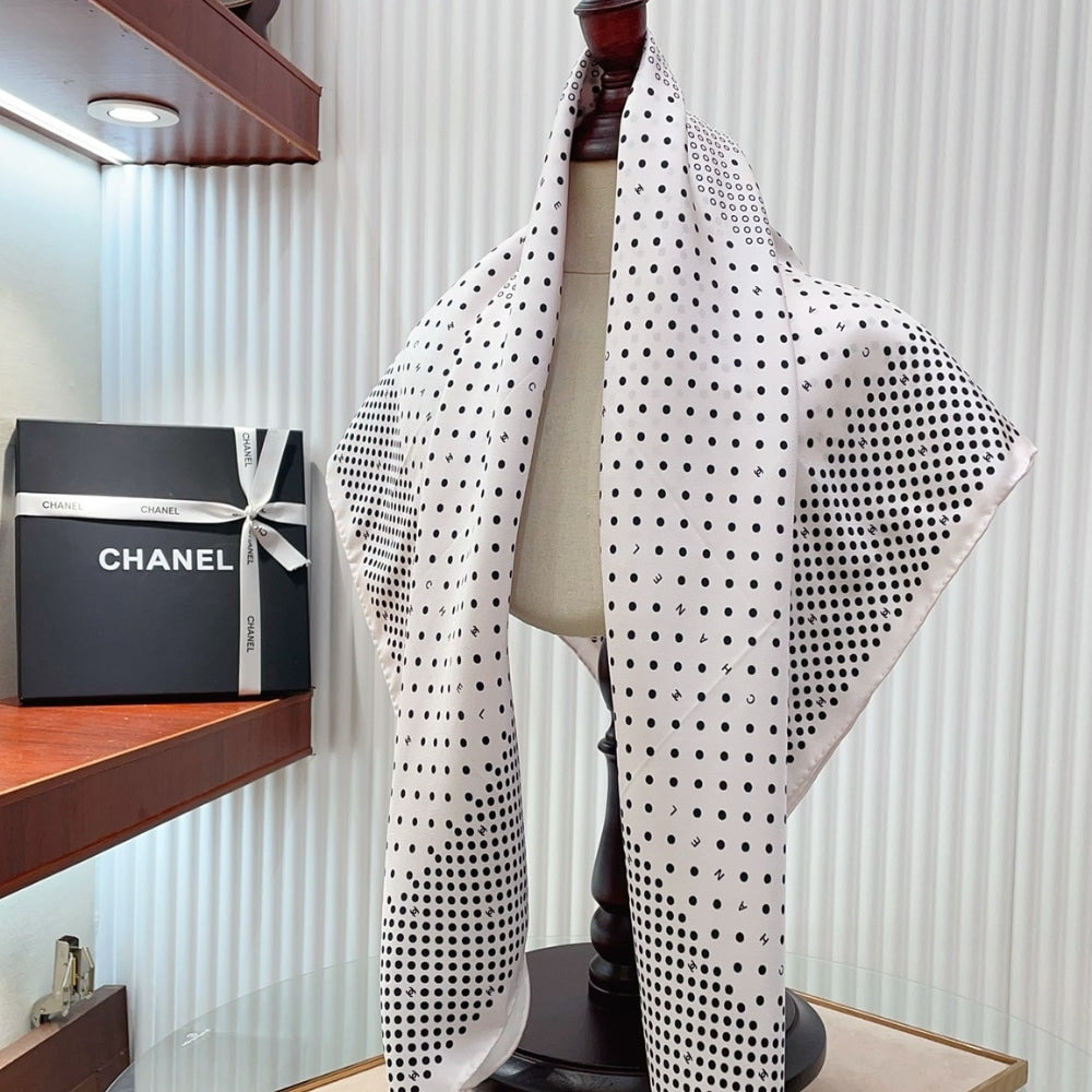 CC POLKA DOT PATTERN SILK SCARF IN WHITE 90CM