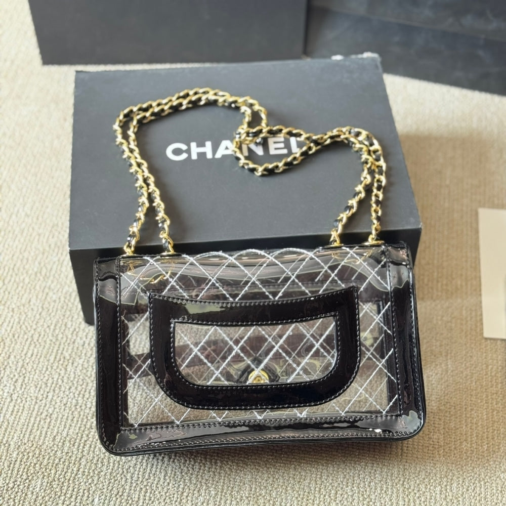 CC FLAP BAG CLEAR VINYL AND LEATHER BLACK 26CM