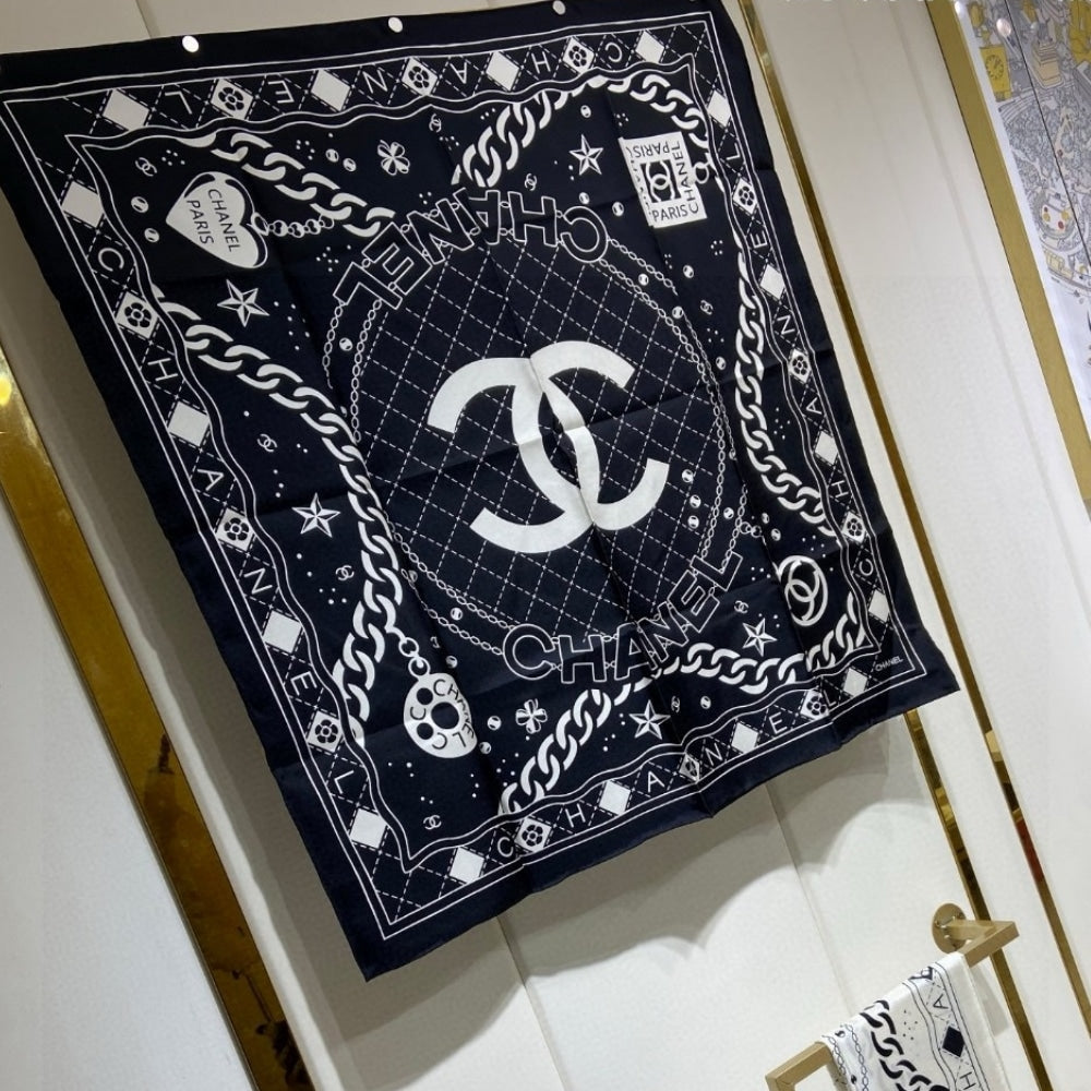 CC CLASSIC DOUBLE C LOGO PRINT SILK SCARF BLACK 90CM