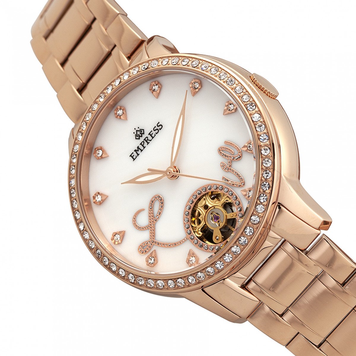 Empress Quinn Automatic MOP Semi-Skeleton Dial Bracelet Watch