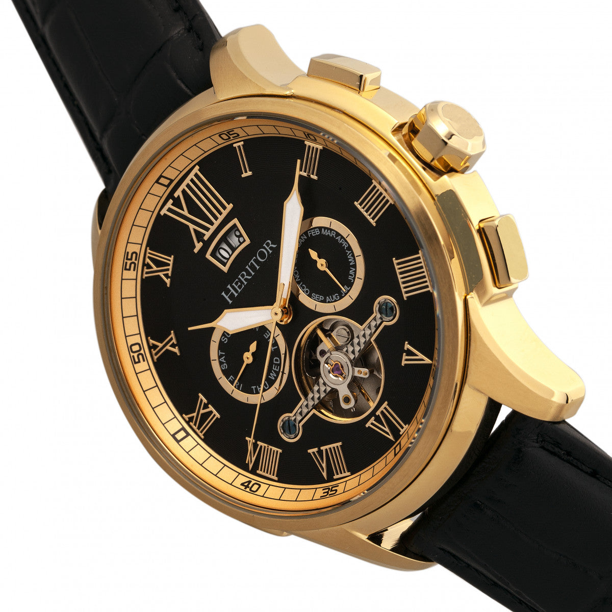 Heritor Automatic Hudson Semi-Skeleton Leather-Band Watch w/Day/Date - Black/Gold