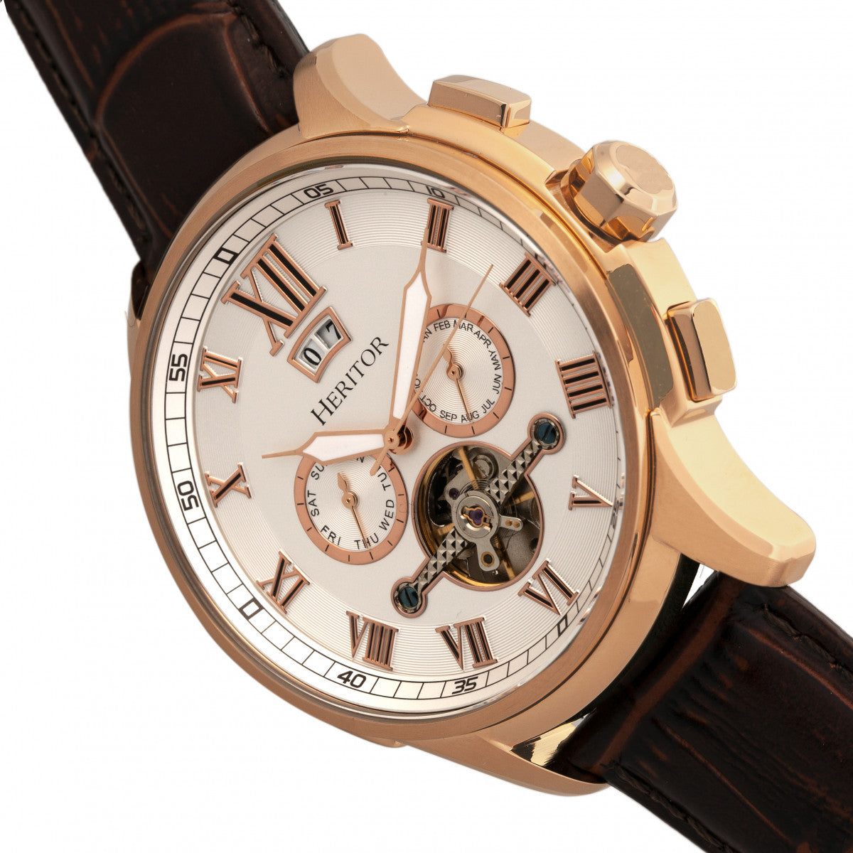 Heritor Automatic Hudson Semi-Skeleton Leather-Band Watch w/Day/Date - Brown/Rose Gold