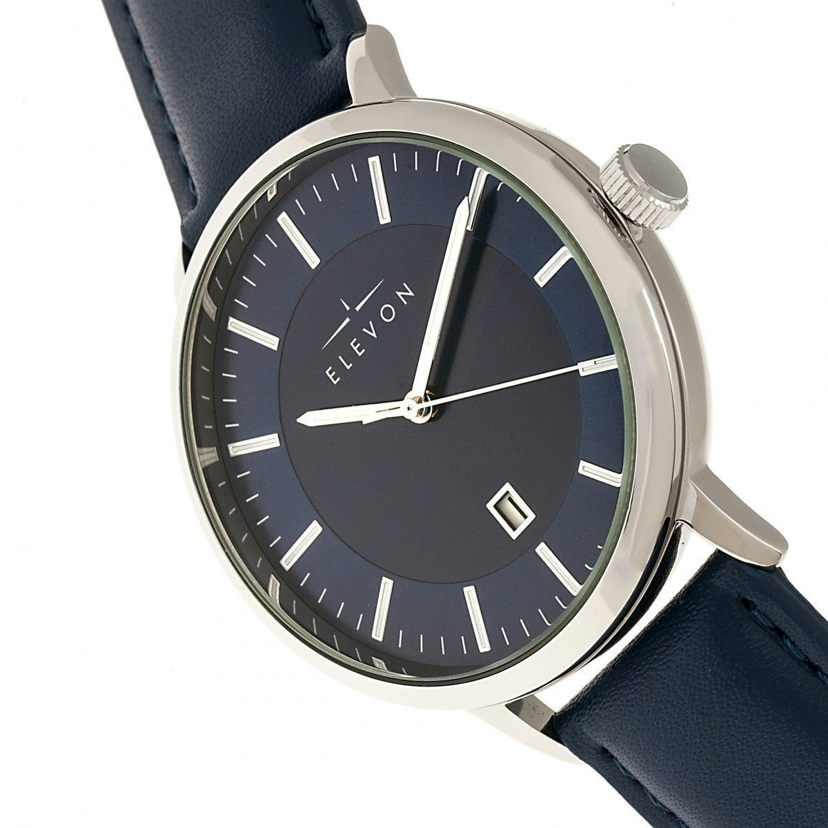 Elevon Vin Leather-Band Watch w/Date - Silver/Blue