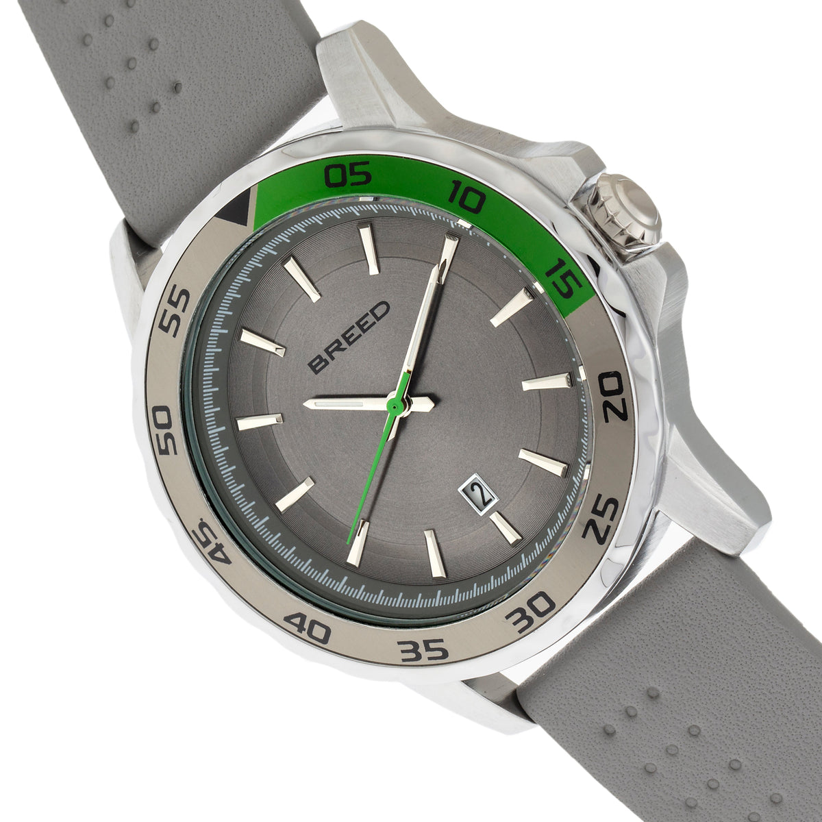 Breed Revolution Leather-Band Watch w/Date - Light Grey