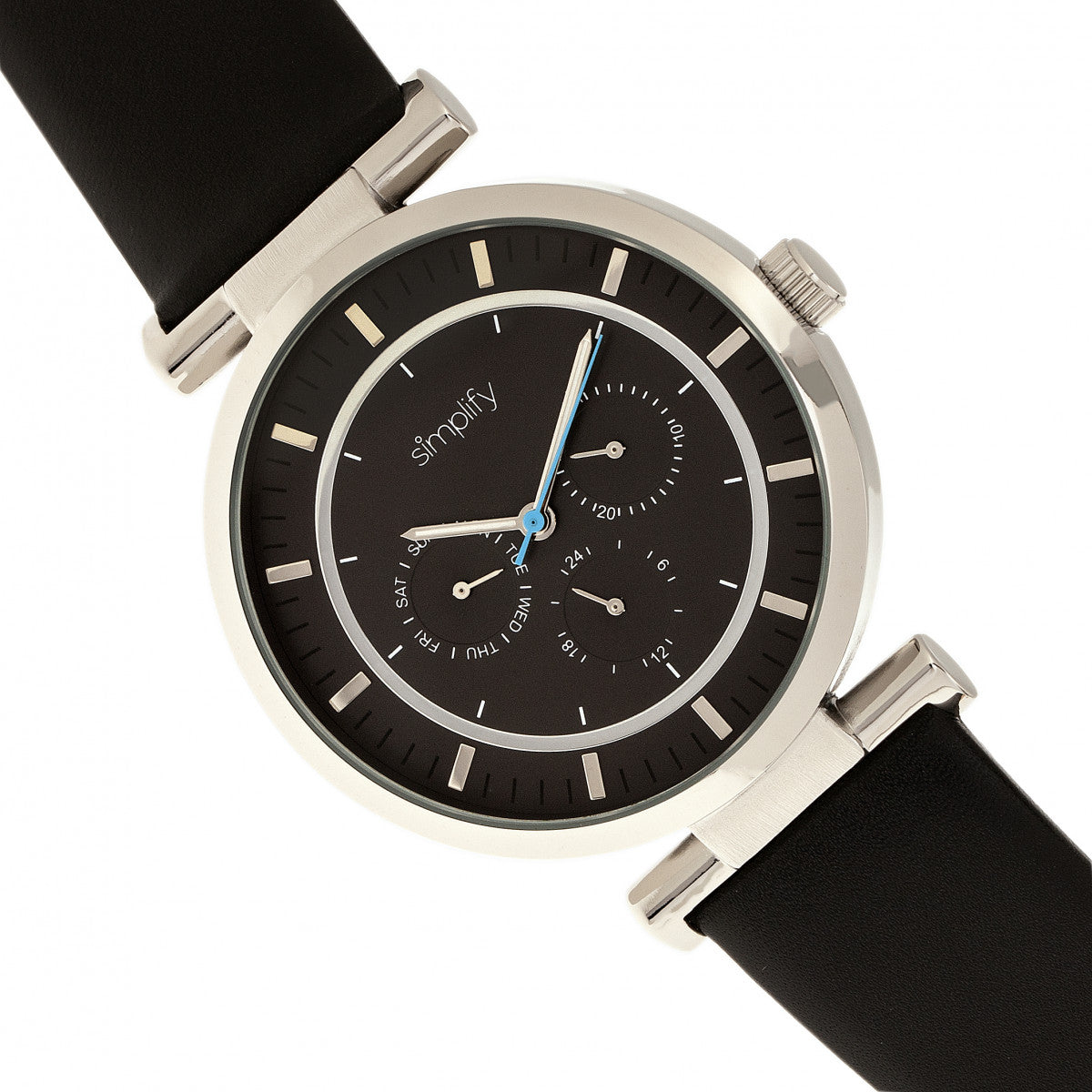 Simplify The 4800 Leather-Band Watch w/Day/Date - Black/Silver