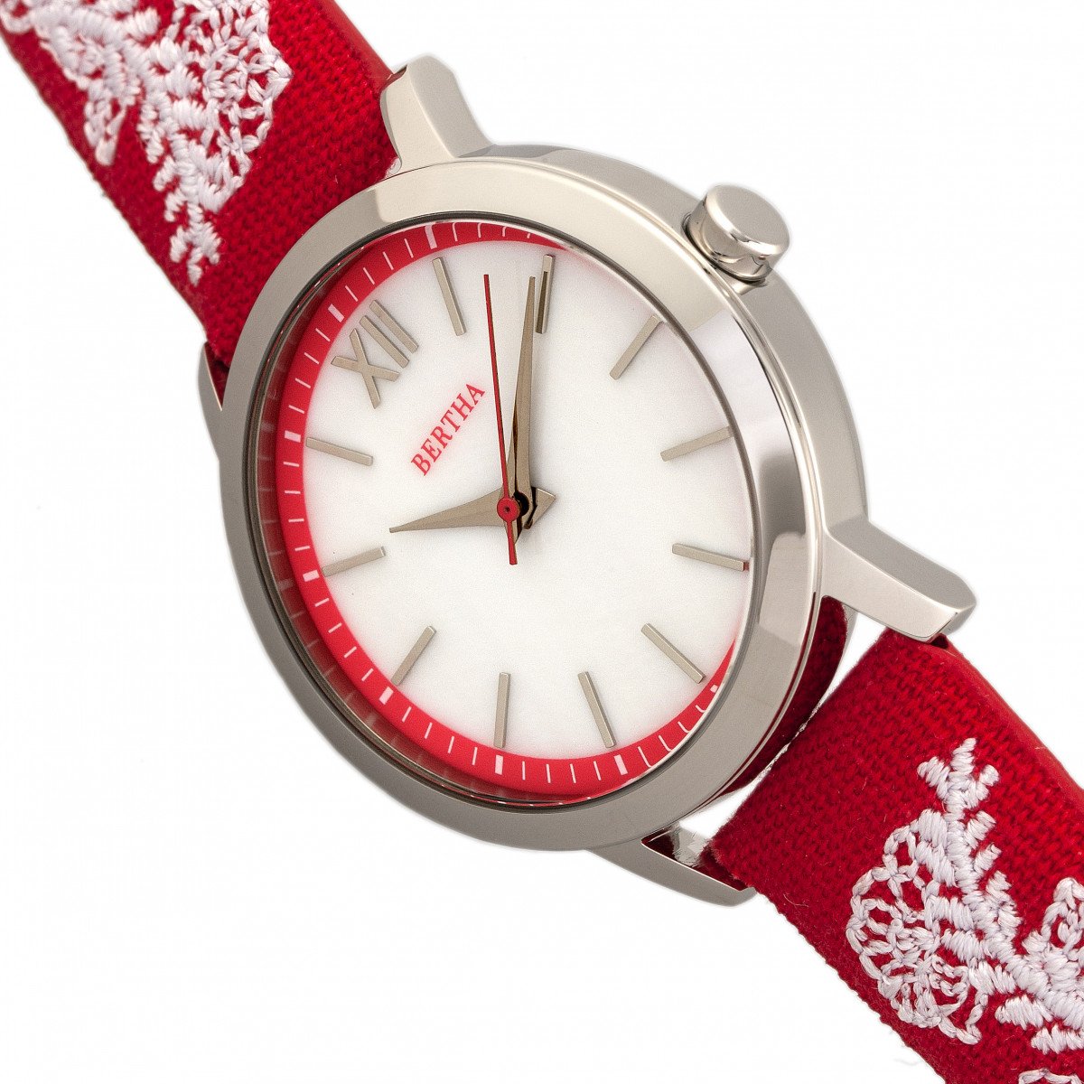 Bertha Penelope MOP Nylon-Overlaid Leather-Band Watch