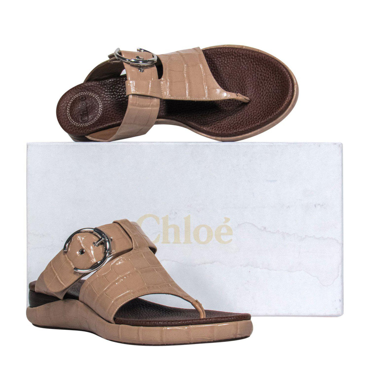 Chloe - Beige Patent Embossed Leather Thong Sandals w/ Buckles Sz 10