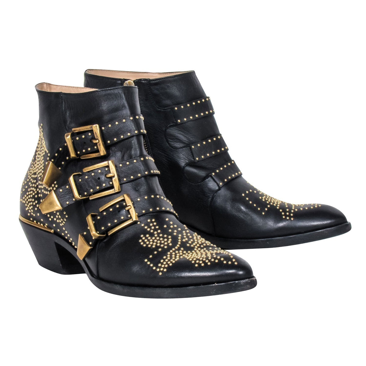 Chloe - Black Leather Gold Studded "Susanna" Booties Sz 11