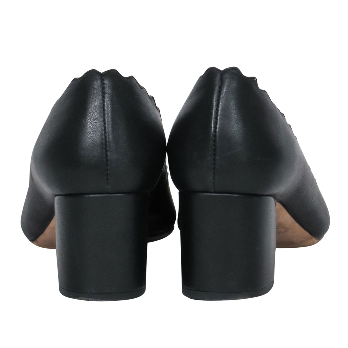 Chloe - Black Leather Scalloped Block Heel "Lauren" Pumps Sz 5.5