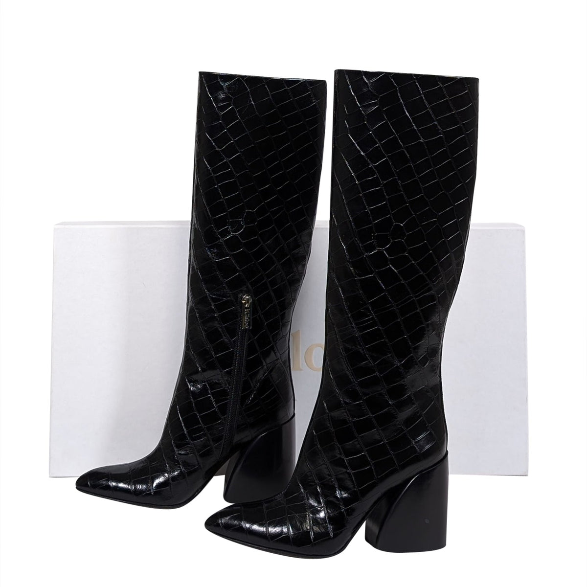Chloe - Black Patent Croc Embossed Leather Tall Boots Sz 7.5