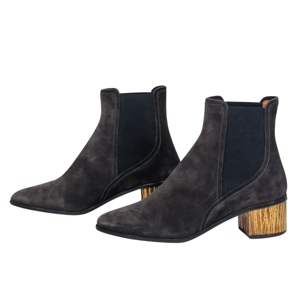Chloe - Black Suede Chelsea Booties w/ Gold Block Heel Sz 8.5