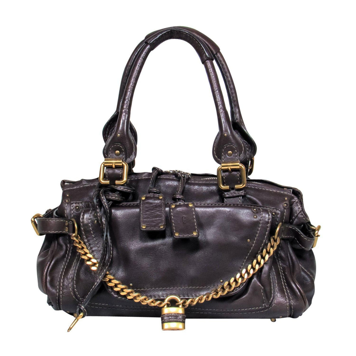 Chloe - Brown Leather Large Handbag w/ Lock & Chain