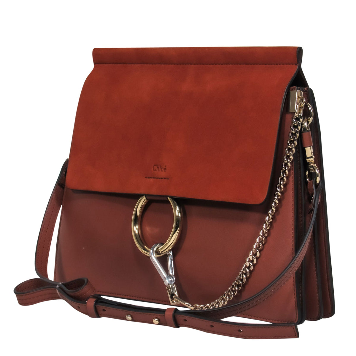 Chloe - Brown Leather & Suede Fold-Over "Faye" Shoulder Bag w/ Ring Hardware