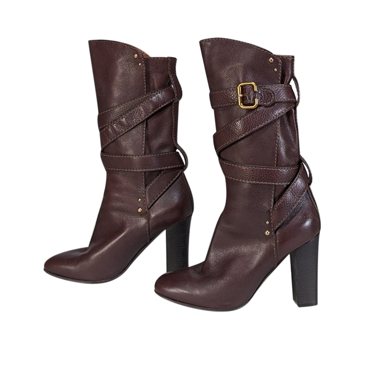 Chloe - Brown Leather Wrap Around Buckle Detail Tall Boots Sz 10.5