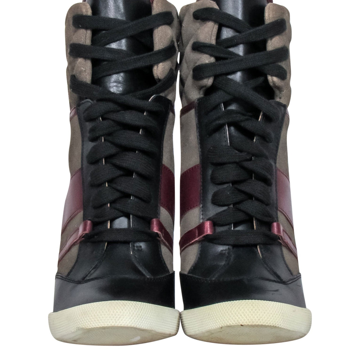 Chloe - Green, Maroon & Black Leather & Quilted Suede Wedge Sneaker Size 8.5