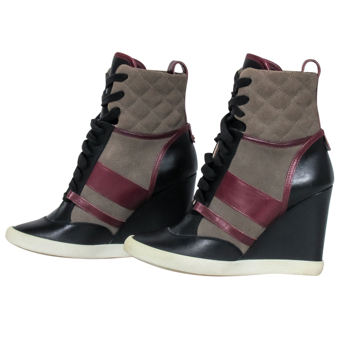 Chloe - Green, Maroon & Black Leather & Quilted Suede Wedge Sneaker Size 8.5