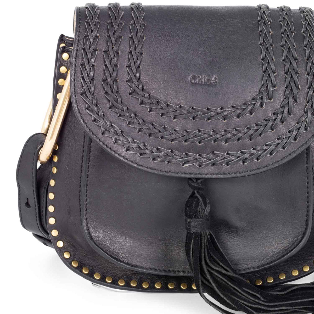 Chloe Leather Tassel Studded Hudson Cross Body Bag Black