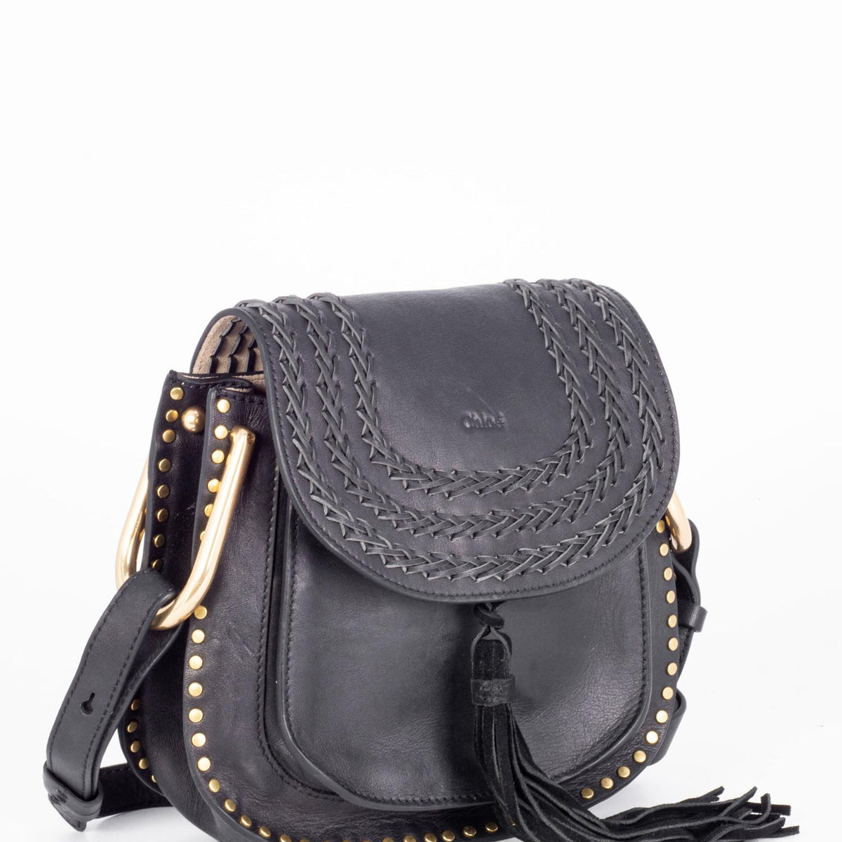 Chloe Leather Tassel Studded Hudson Cross Body Bag Black