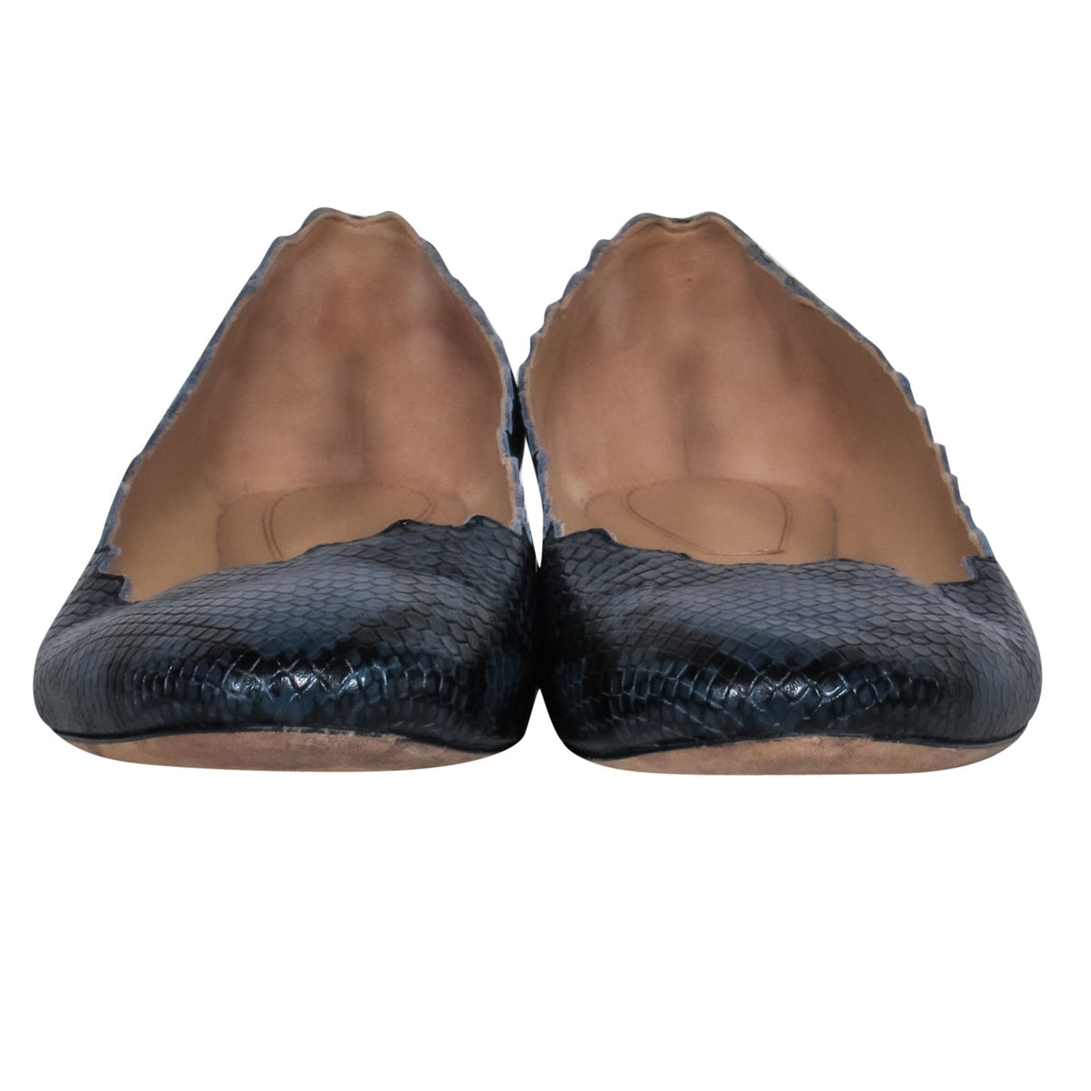 Chloe - Navy Snakeskin Print Textured Scalloped Flats Sz 9.5