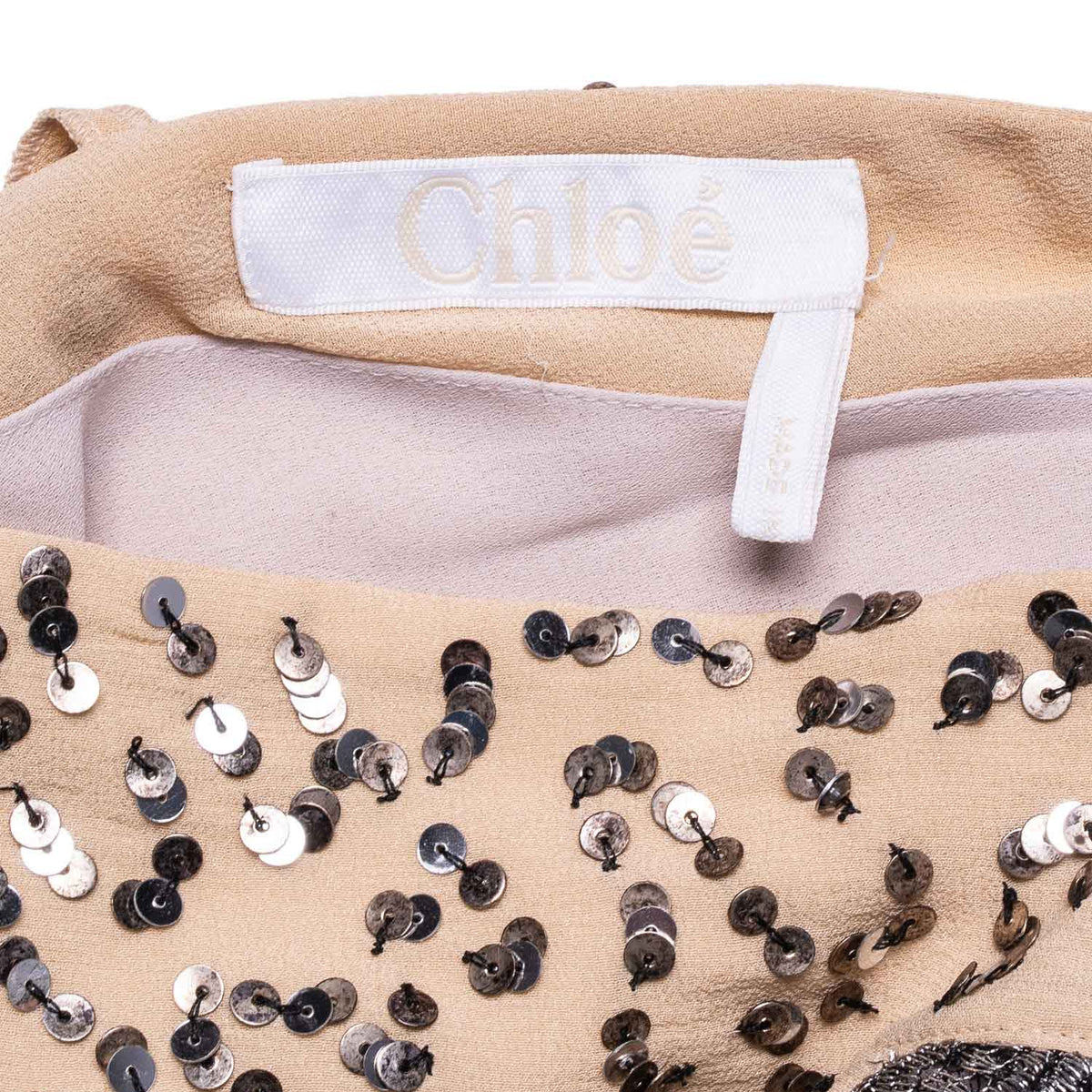 Chloe Runway Sequin Metallic Knit Mini Dress Grey Beige