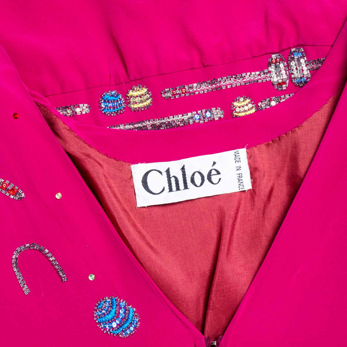 Chloe Vintage Silk Beaded Croquet Mini Dress Hot Pink