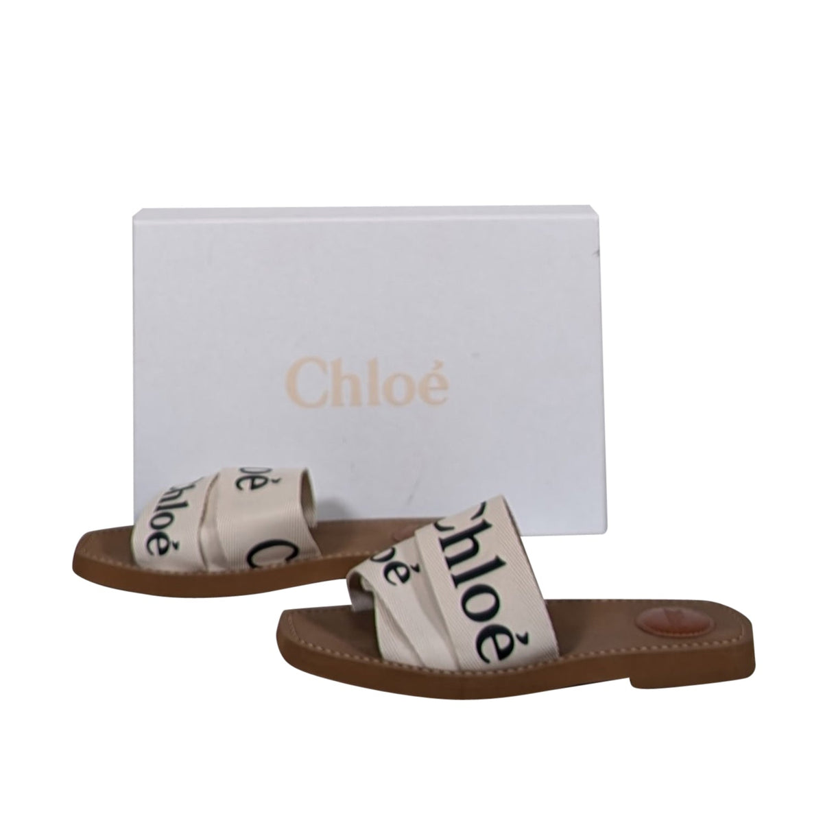 Chloe - White Woody Logo Ribbon Slide Sandals Sz 7