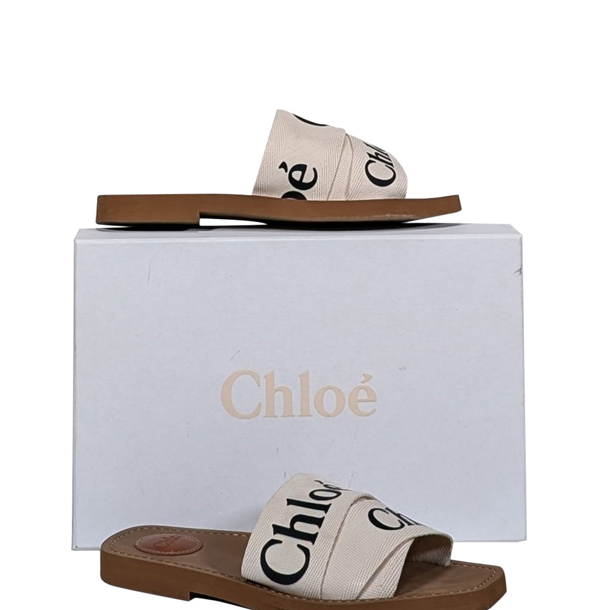 Chloe - White Woody Logo Ribbon Slide Sandals Sz 7
