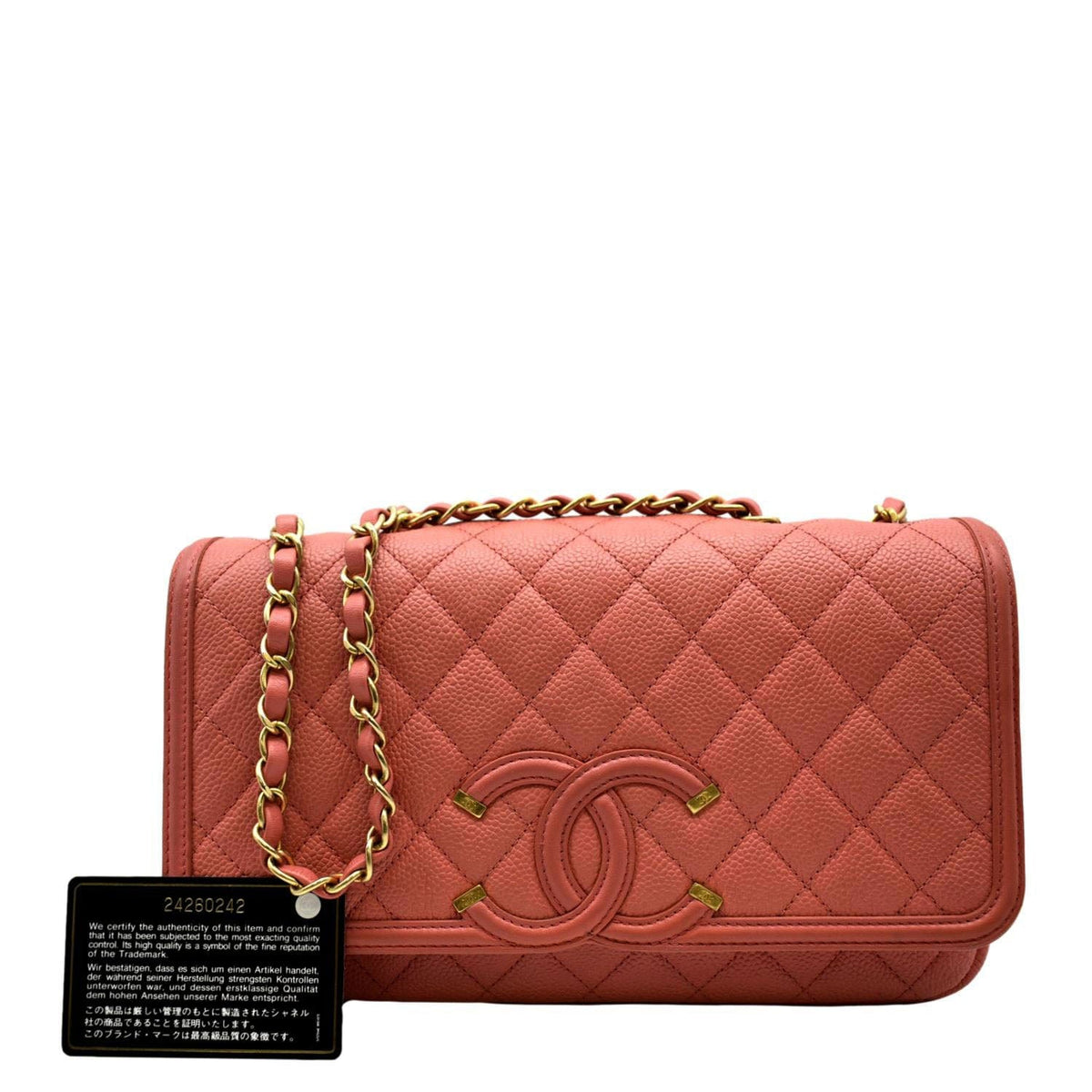 Chanel CC Filigree Medium Flap Caviar Leather Crossbody Bag Pink
