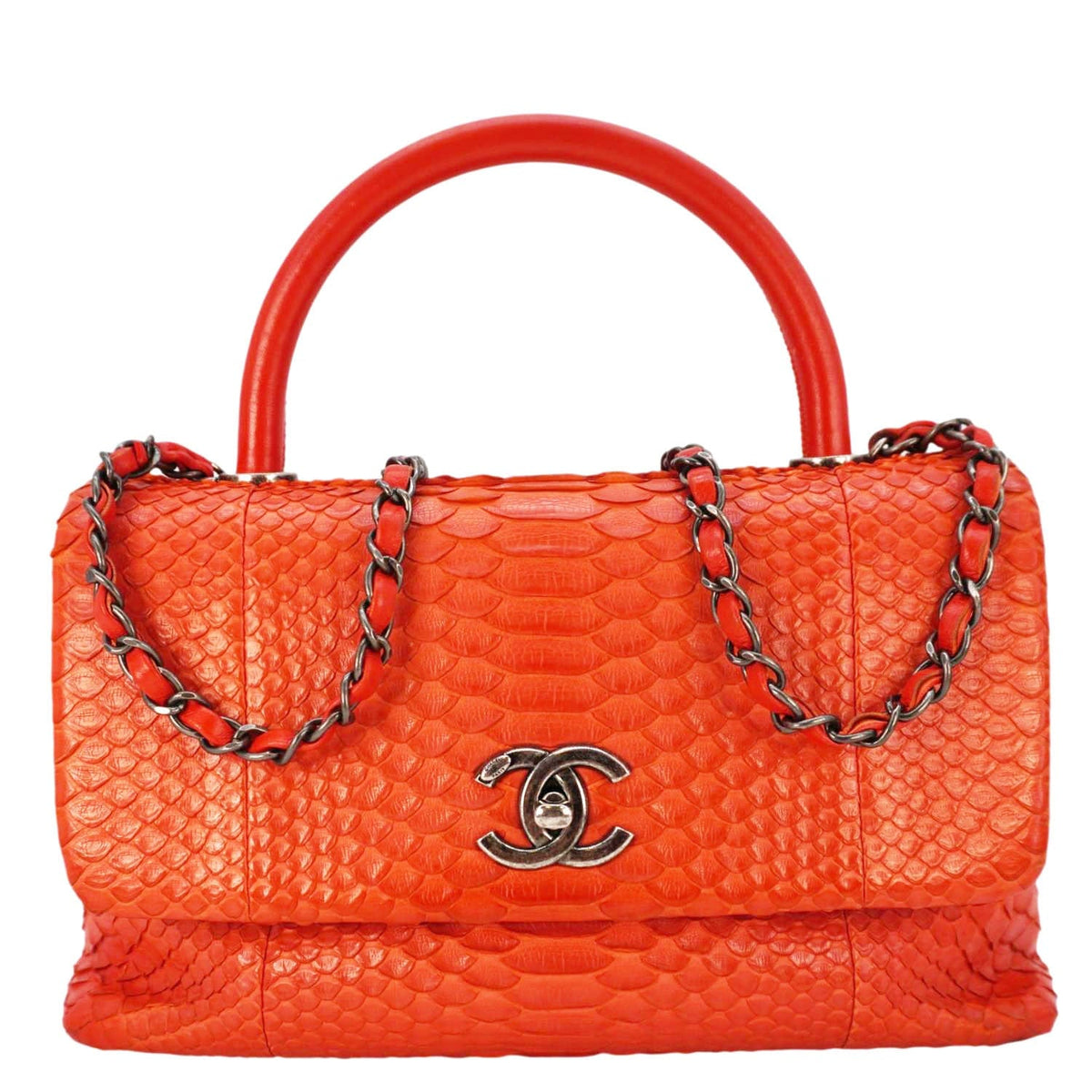 Chanel Coco Flap Python Leather Top Handle Shoulder Bag Red