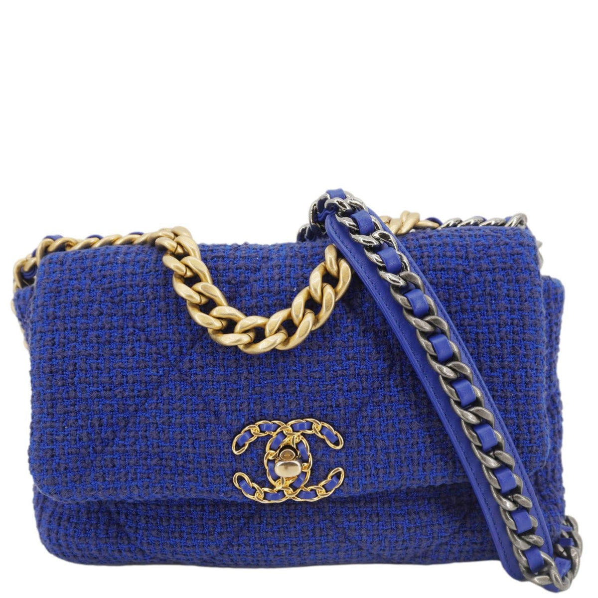 Chanel 19 Flap Quilted Tweed Shoulder Bag Blue