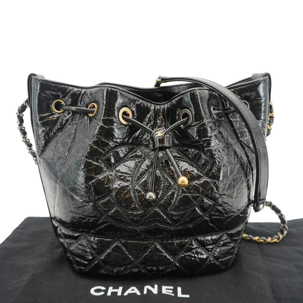 Chanel CC Drawstring Shiny Aged Calfskin Chain Shoulder Bag Black