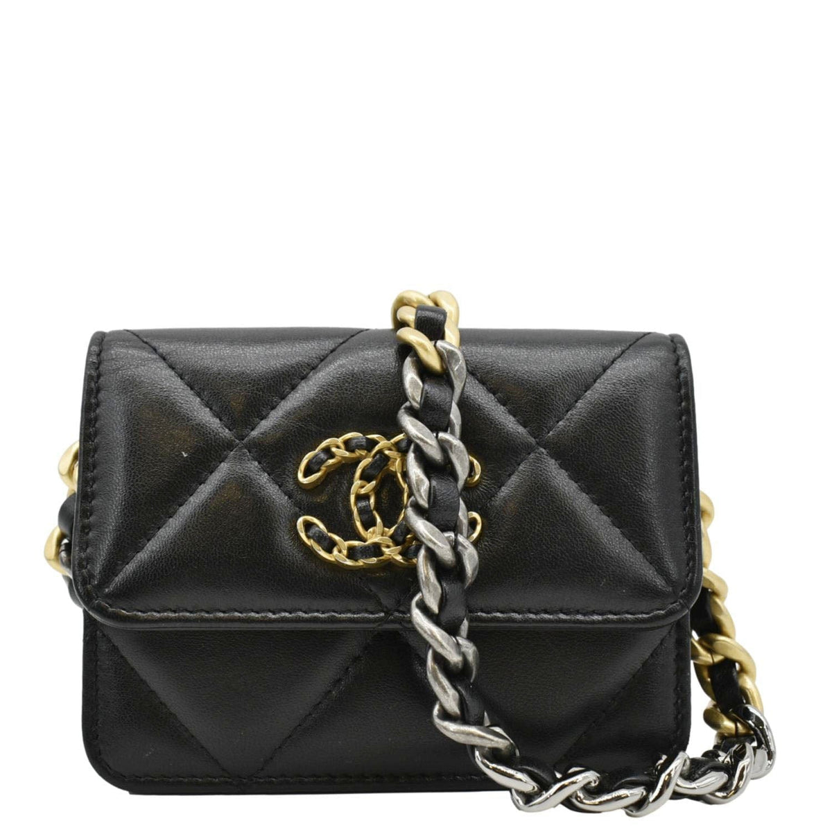 Chanel 19 Flap Coin Purse Quilted Leather Chain Shoulder Bag Black