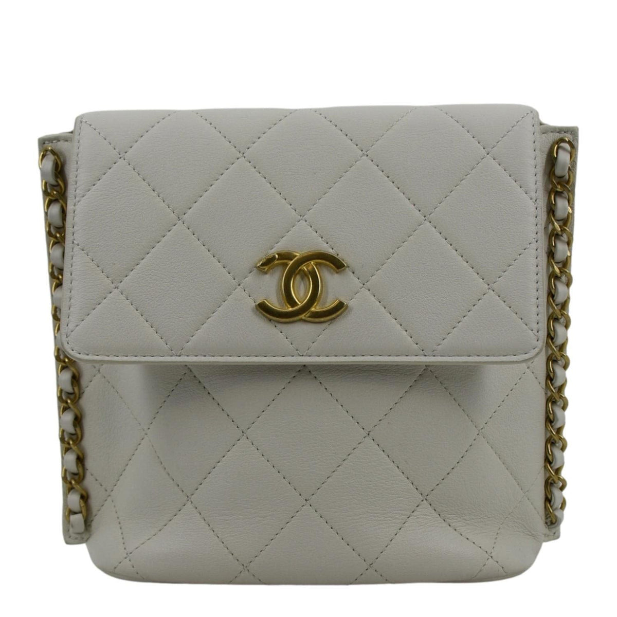 Chanel Chain Flap Quilted Leather Hobo Shoulder Bag Ivory