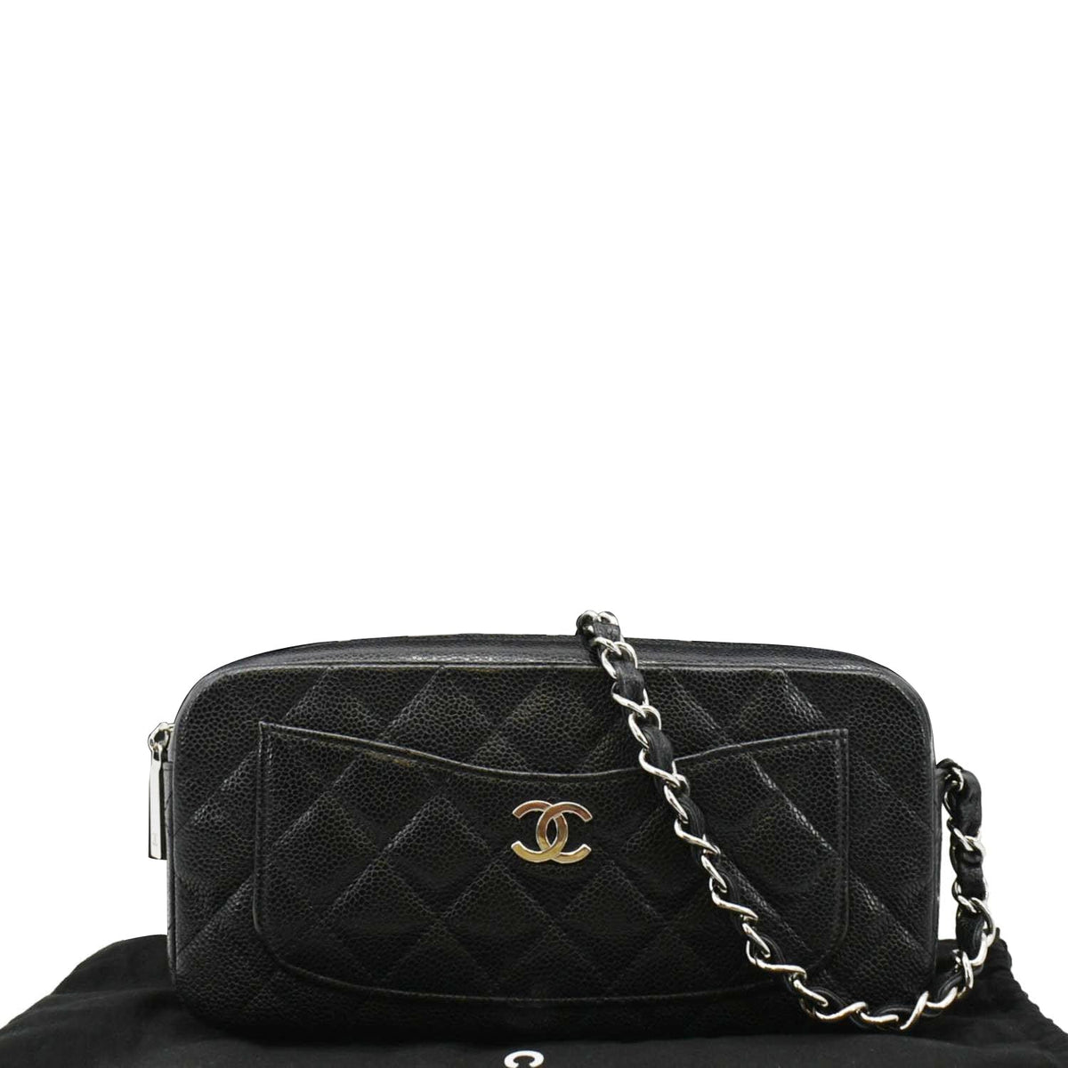 Chanel Front Pocket Quilted Caviar Leather Chain Shoulder Bag Black