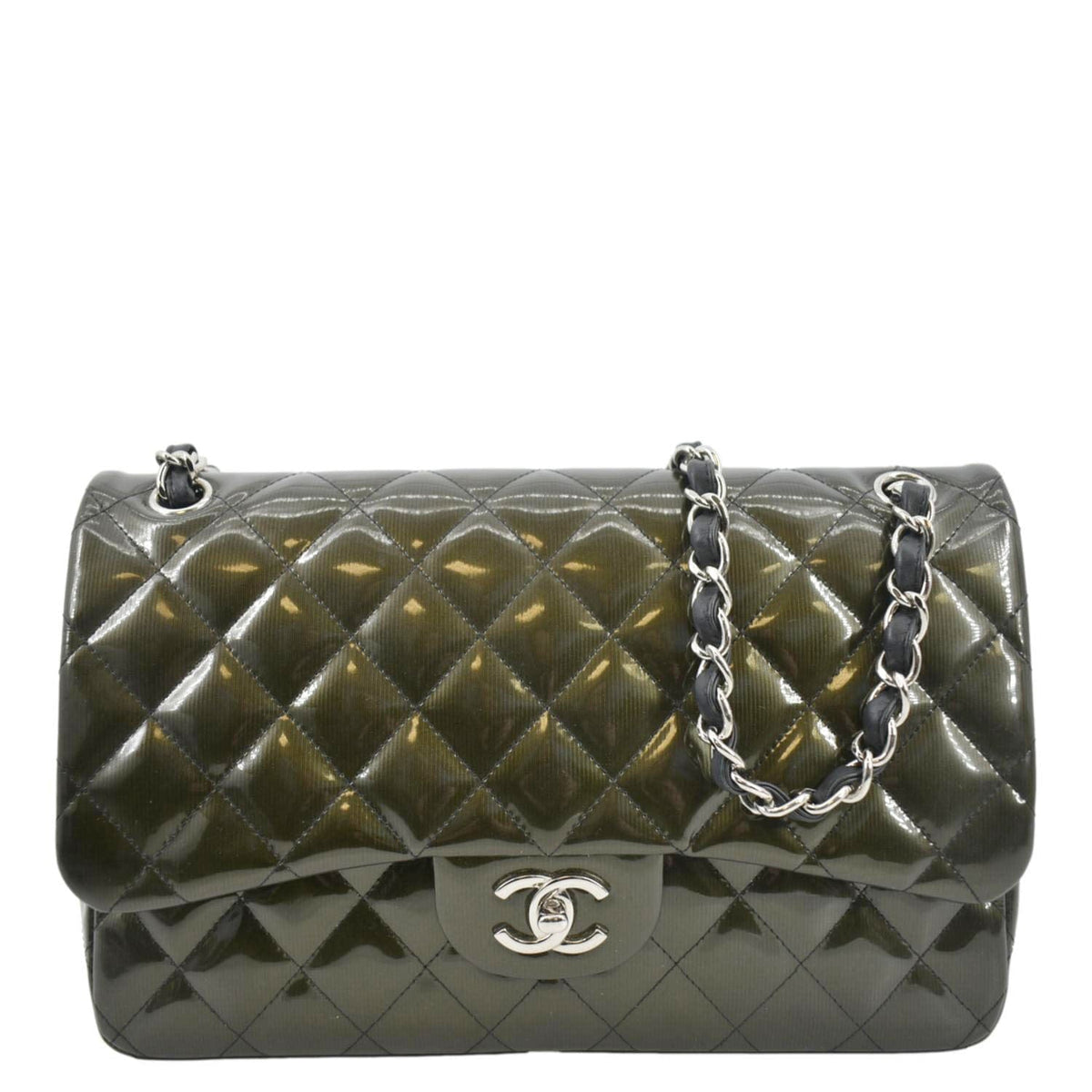 Chanel Jumbo Flap Striated Quilted Patent Leather Shoulder Bag Green