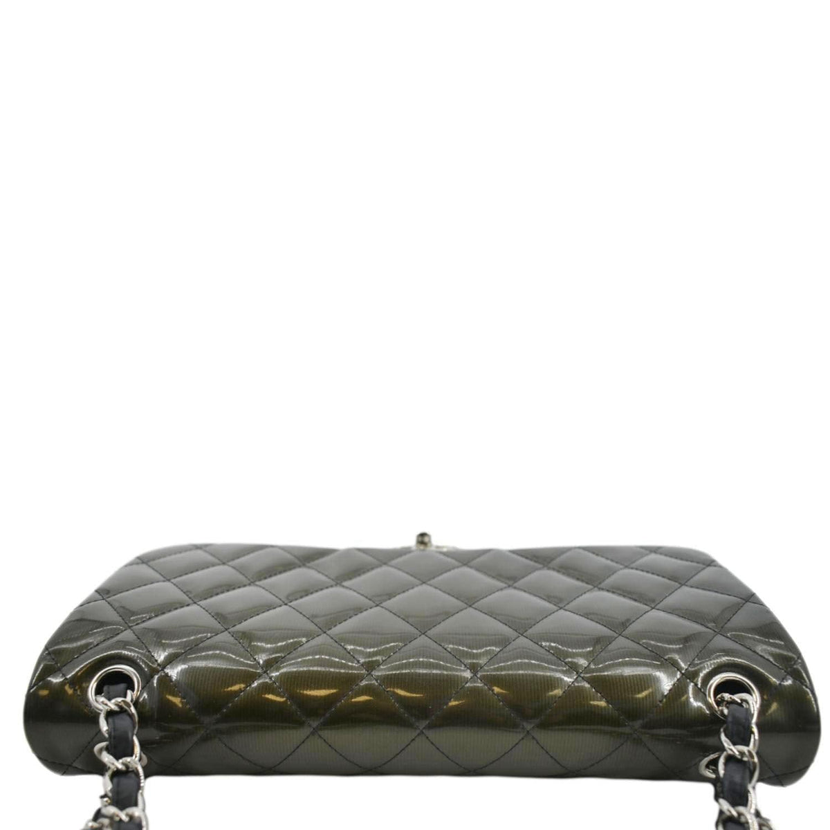 Chanel Jumbo Flap Striated Quilted Patent Leather Shoulder Bag Green