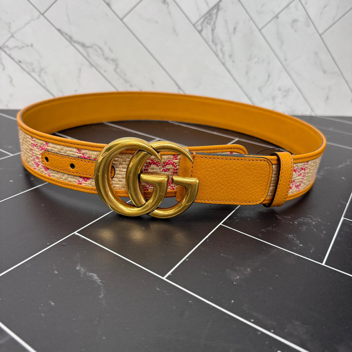 BRAND NEW- Gucci Women’s Raffia Textured Dollar Calfskin GG Belt Size 34